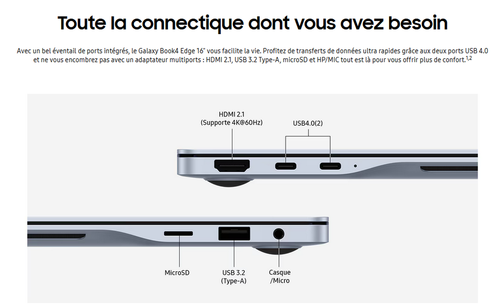 Samsung Galaxy Book4 Edge - Qualcomm Snapdragon X Elite X1E-80-100  - 512 Go SSD - eUFS - 14" écran tactile 2880 x 1800 / WQXGA+ - Win 11 Home