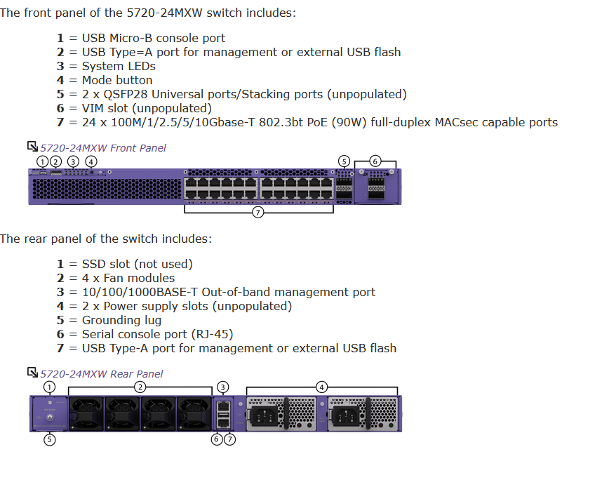 ExtremeSwitching 5720 - Géré - 24 x 1/2.5/5/10GBase-T (PoE++) + 2 x 100 Gigabit QSFP28 (empilage) - Montable sur rack