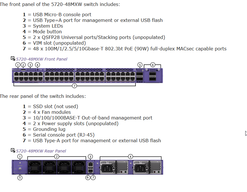 ExtremeSwitching 5720 - 48 x 1/2.5/5/10GBase-T (PoE++) + 2 x 100 Gigabit QSFP28 (empilage) - Montable sur rack